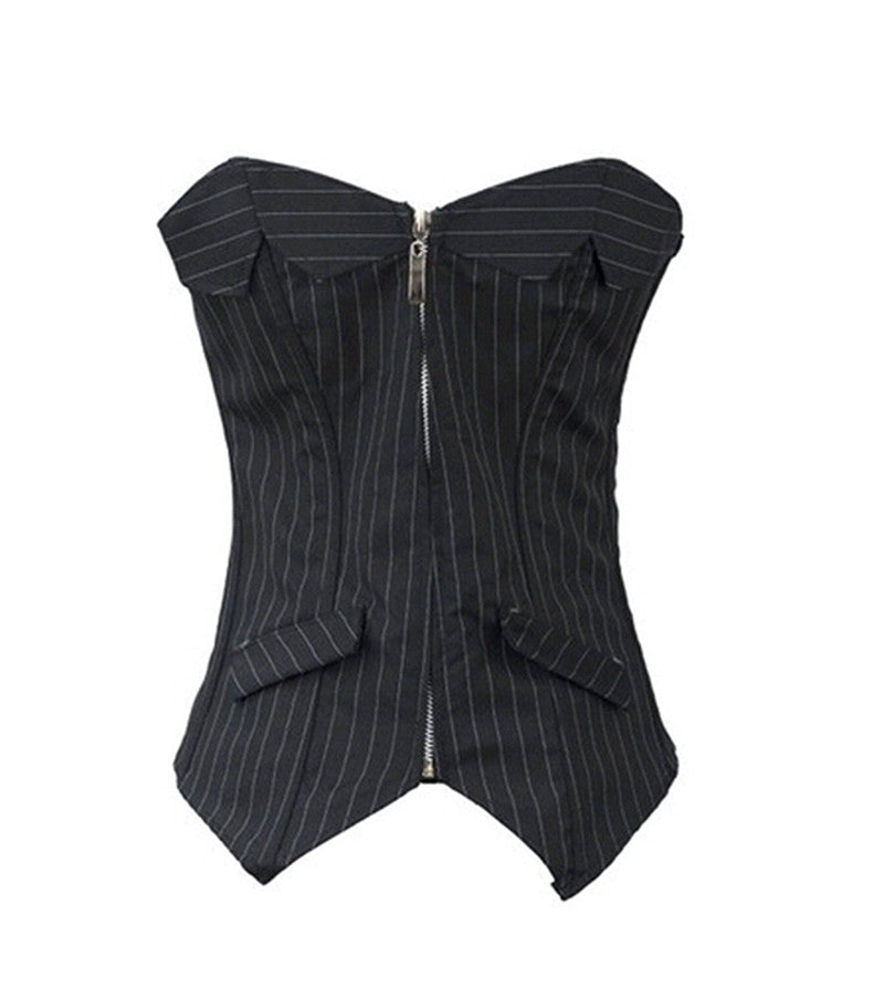 Corset boléro à rayures Noires + string Pour Femmes, à fermeture Éclair ou bouton Sans Bretelles.