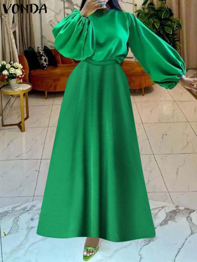 Robe Longue en Satin pour Femme, Vêtement Élégant, Décontracté, Manches Lanternes, Couleur Unie