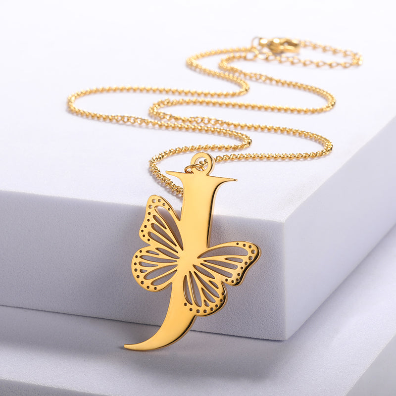 Colliers avec gros papillons pour femmes et filles, bijoux en acier inoxydable, chaîne avec pendentif Alphabet