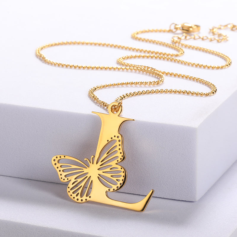 Colliers avec gros papillons pour femmes et filles, bijoux en acier inoxydable, chaîne avec pendentif Alphabet