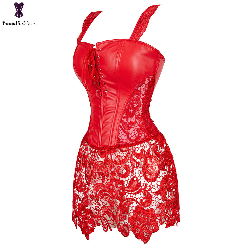Robe Corset Bustier En Faux Cuir À Lacets, Noir Et Rouge, Grande Taille Avec String .