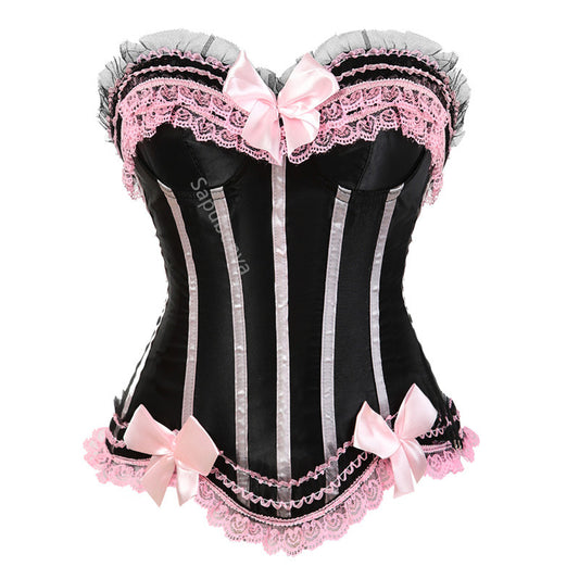 Corset bustier à lacets en satin, orné de dentelle et de nœuds, taille S/6XL