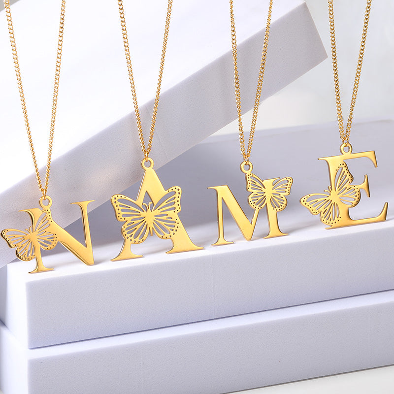 Colliers avec gros papillons pour femmes et filles, bijoux en acier inoxydable, chaîne avec pendentif Alphabet