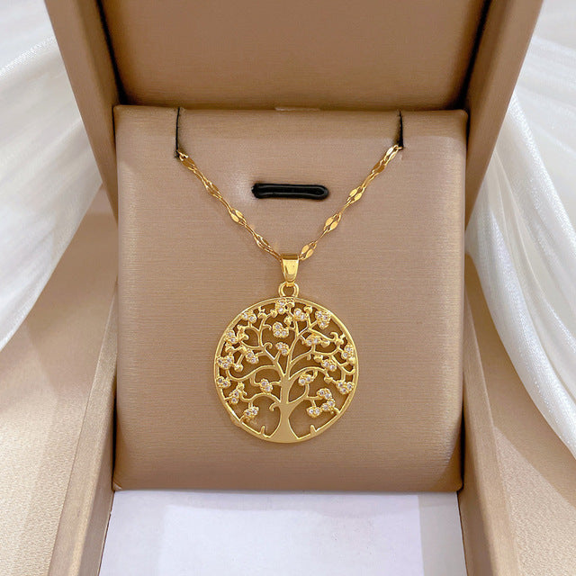 Pendentif arbre de vie pour femmes , en Zircon, pendentif grand arbre en acier inoxydable, bijoux.