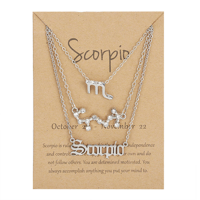 3 pièces/ensemble 12 signe du zodiaque collier pour femmes 12 Constellation pendentif chaîne ras du cou bijoux d'anniversaire avec carte en carton |.