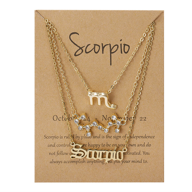 3 pièces/ensemble 12 signe du zodiaque collier pour femmes 12 Constellation pendentif chaîne ras du cou bijoux d'anniversaire avec carte en carton |.