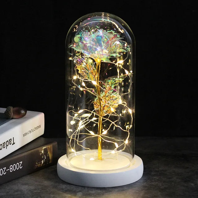 Rose éternelle lumineux sous cloche