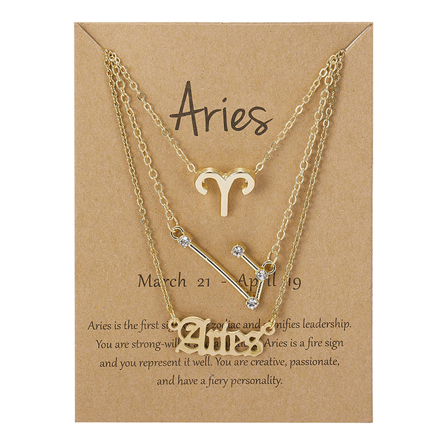 3 pièces/ensemble 12 signe du zodiaque collier pour femmes 12 Constellation pendentif chaîne ras du cou bijoux d'anniversaire avec carte en carton |.