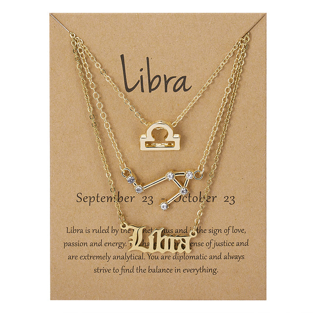 3 pièces/ensemble 12 signe du zodiaque collier pour femmes 12 Constellation pendentif chaîne ras du cou bijoux d'anniversaire avec carte en carton |.