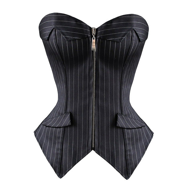 Corset boléro à rayures Noires + string Pour Femmes, à fermeture Éclair ou bouton Sans Bretelles.