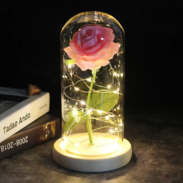 Rose éternelle lumineux sous cloche