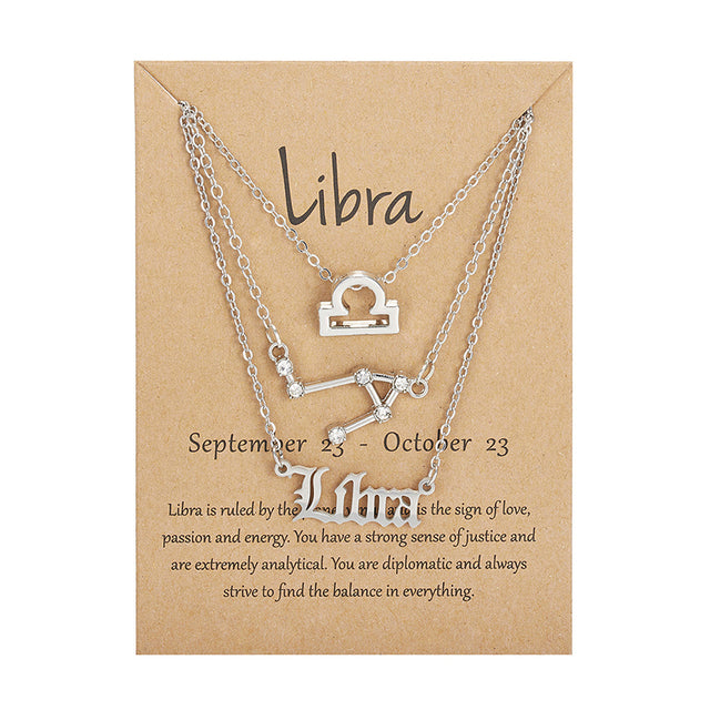 3 pièces/ensemble 12 signe du zodiaque collier pour femmes 12 Constellation pendentif chaîne ras du cou bijoux d'anniversaire avec carte en carton |.