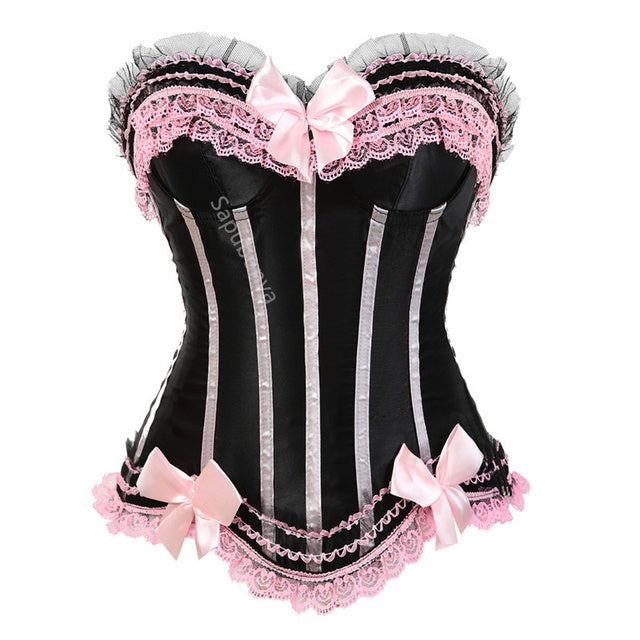 Corset bustier à lacets en satin, orné de dentelle et de nœuds, taille S/6XL