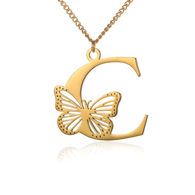 Colliers avec gros papillons pour femmes et filles, bijoux en acier inoxydable, chaîne avec pendentif Alphabet