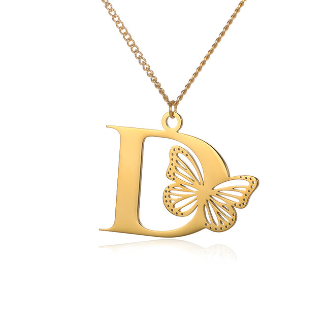 Colliers avec gros papillons pour femmes et filles, bijoux en acier inoxydable, chaîne avec pendentif Alphabet