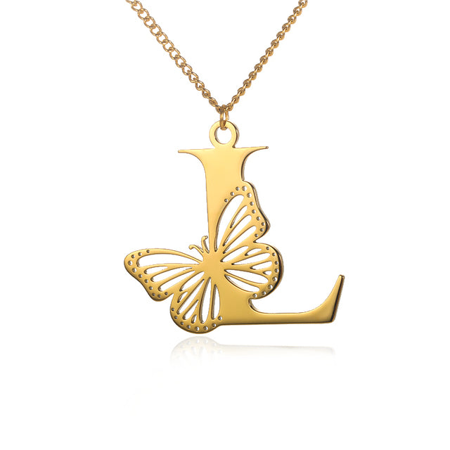 Colliers avec gros papillons pour femmes et filles, bijoux en acier inoxydable, chaîne avec pendentif Alphabet