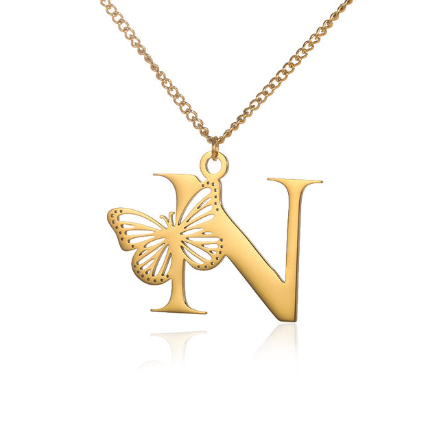 Colliers avec gros papillons pour femmes et filles, bijoux en acier inoxydable, chaîne avec pendentif Alphabet