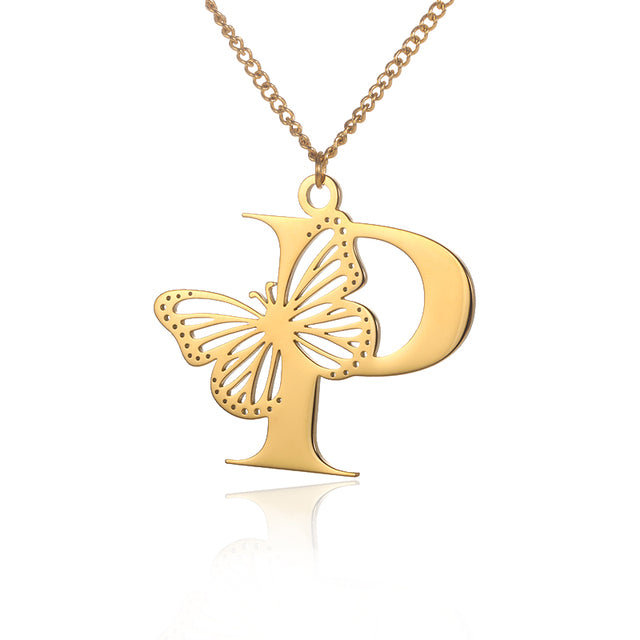 Colliers avec gros papillons pour femmes et filles, bijoux en acier inoxydable, chaîne avec pendentif Alphabet