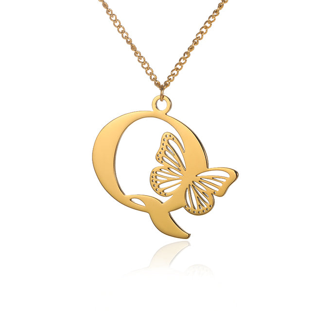 Colliers avec gros papillons pour femmes et filles, bijoux en acier inoxydable, chaîne avec pendentif Alphabet