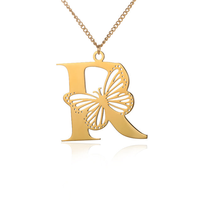 Colliers avec gros papillons pour femmes et filles, bijoux en acier inoxydable, chaîne avec pendentif Alphabet