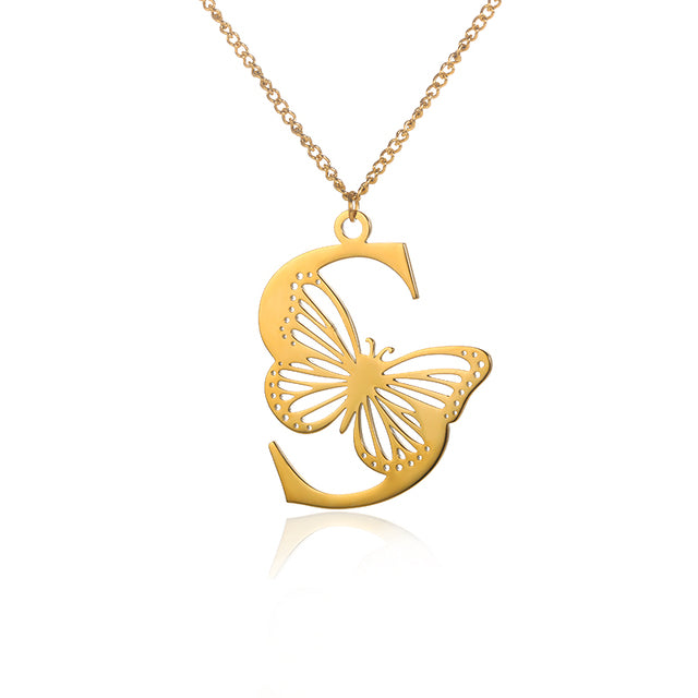 Colliers avec gros papillons pour femmes et filles, bijoux en acier inoxydable, chaîne avec pendentif Alphabet