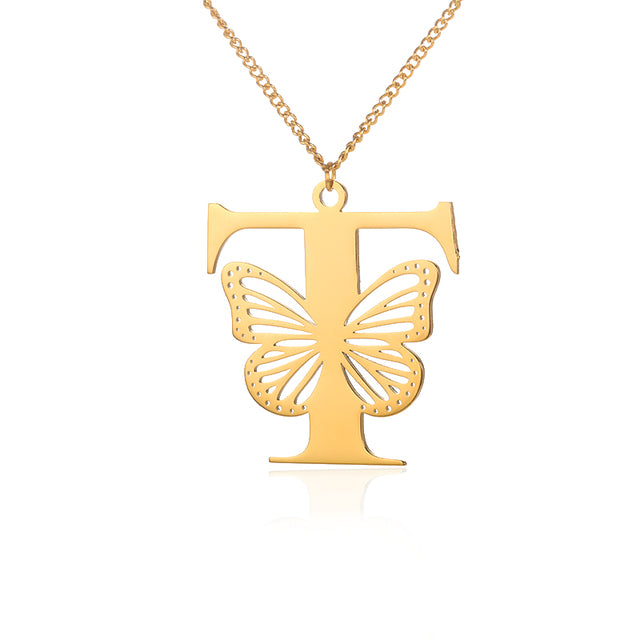 Colliers avec gros papillons pour femmes et filles, bijoux en acier inoxydable, chaîne avec pendentif Alphabet