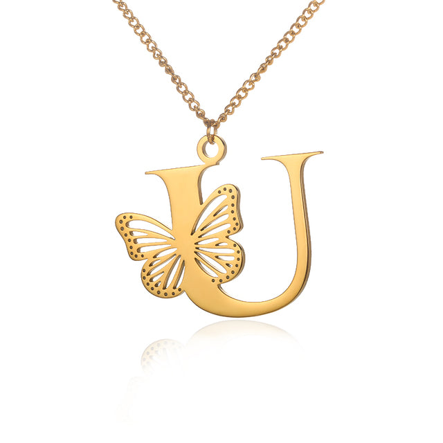 Colliers avec gros papillons pour femmes et filles, bijoux en acier inoxydable, chaîne avec pendentif Alphabet