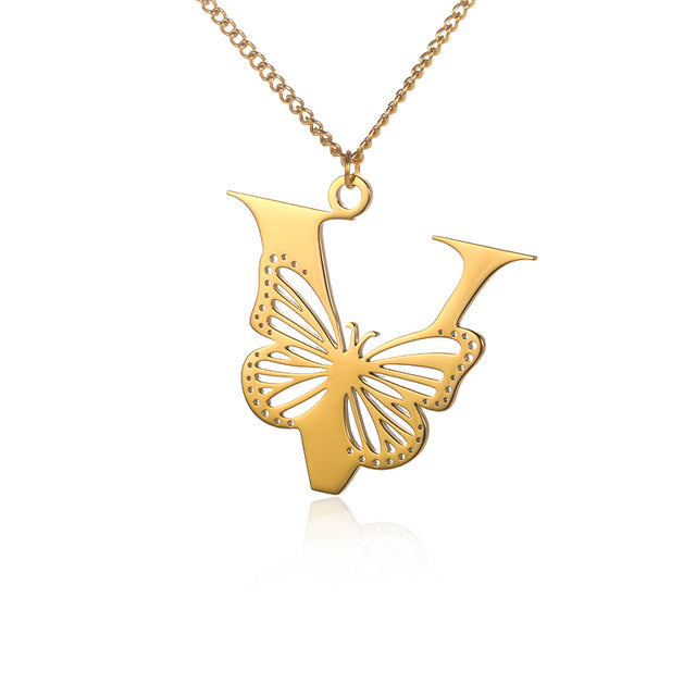 Colliers avec gros papillons pour femmes et filles, bijoux en acier inoxydable, chaîne avec pendentif Alphabet
