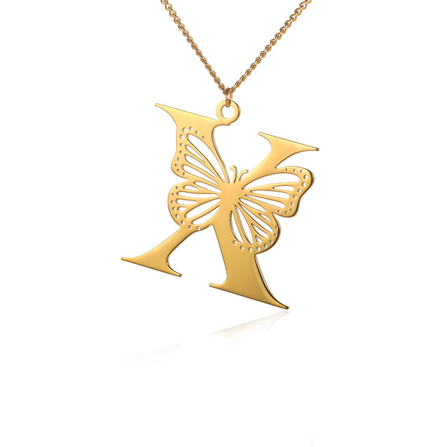 Colliers avec gros papillons pour femmes et filles, bijoux en acier inoxydable, chaîne avec pendentif Alphabet