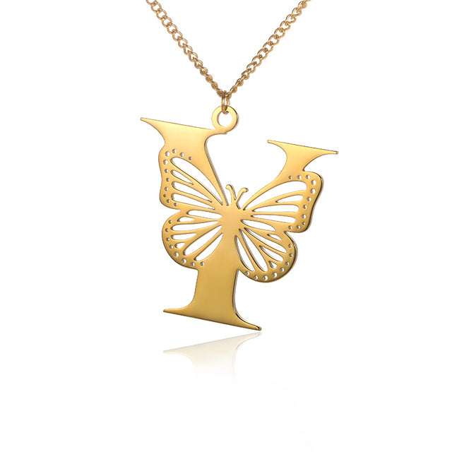 Colliers avec gros papillons pour femmes et filles, bijoux en acier inoxydable, chaîne avec pendentif Alphabet